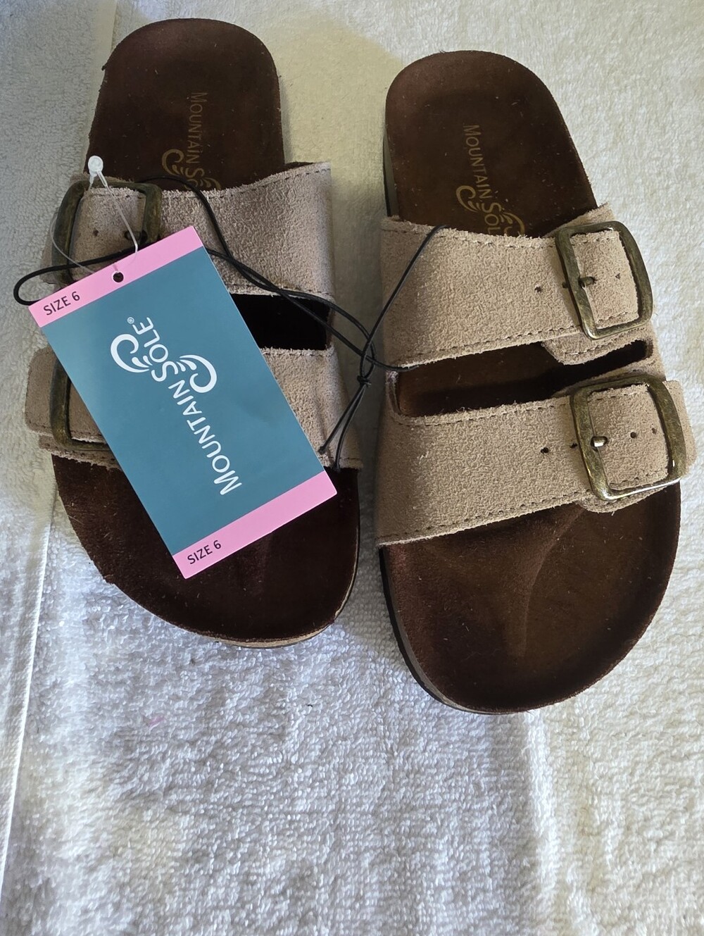 Mountain Sole Beige Suede Double-Buckle Slide Sandals for Women